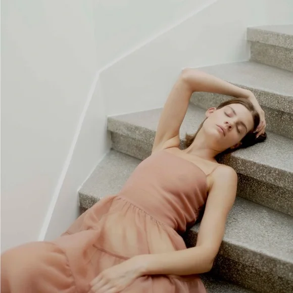 Anthropologie OhSevenDays Sheer Beige Tiered Midi Dress reversible Lucille Dress - Picture 5 of 10